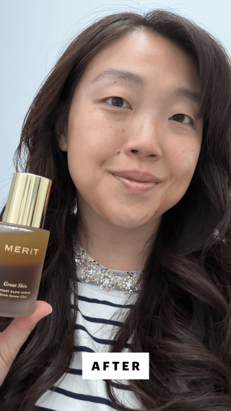 Allure contributing commerce writer Christa Joanna Lee after applying the Merit Great Skin Instant Glow Serum